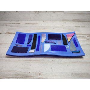 SIGNED Lorraine Art Fused Glass Shimmer Abstract Mosaic Cobalt Wave Trinket Dish